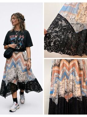 GUESS Sheer Lined Mixed Print Pleated Midi Skirt Black Lace Trim S